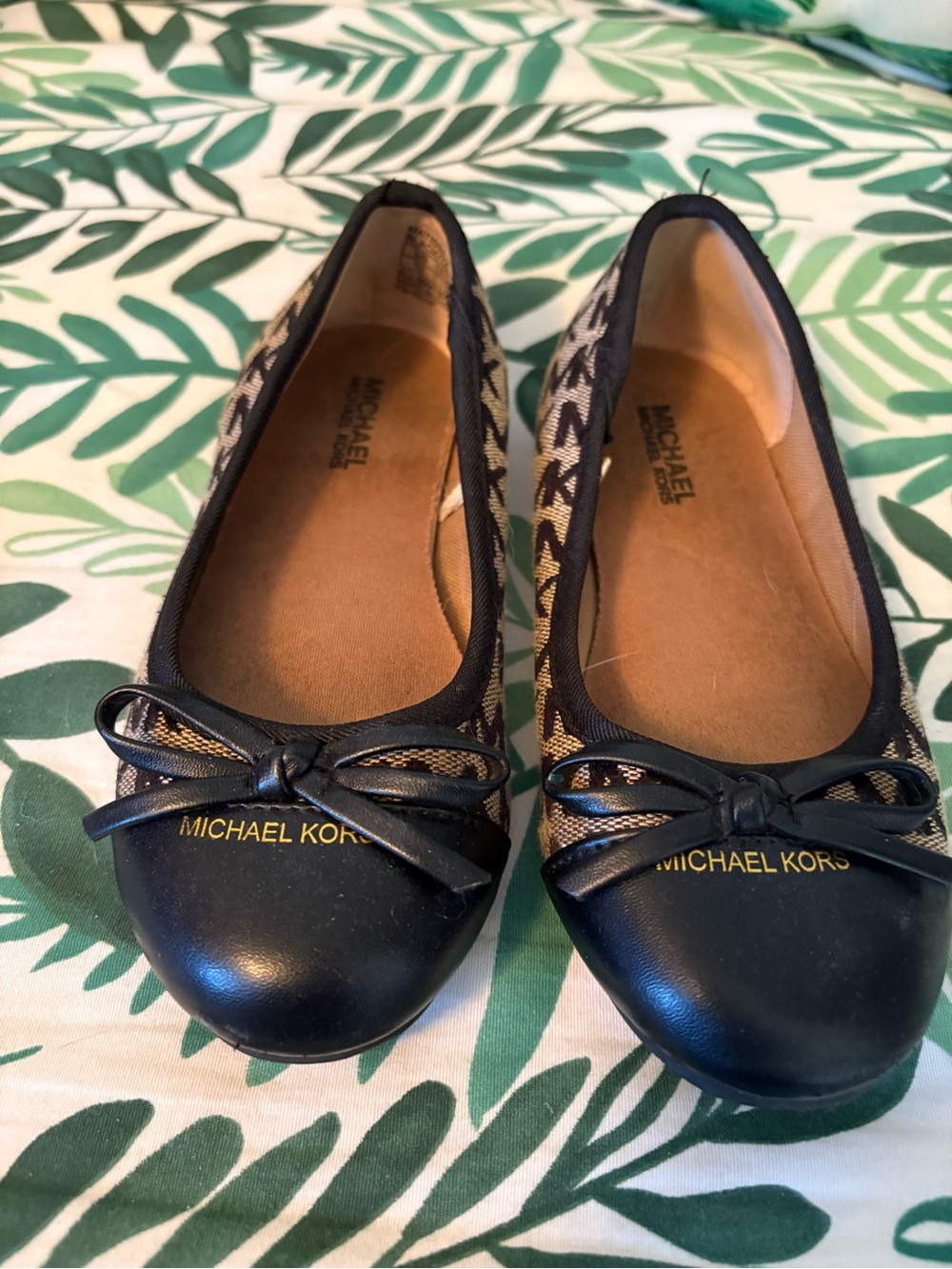 Michael Kors Black and Gold Logo Ballet Flats with Signature Canvas